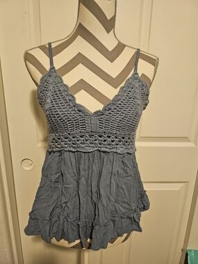 Blush Crochet Bodice Blue Spaghetti Strap Camisole
